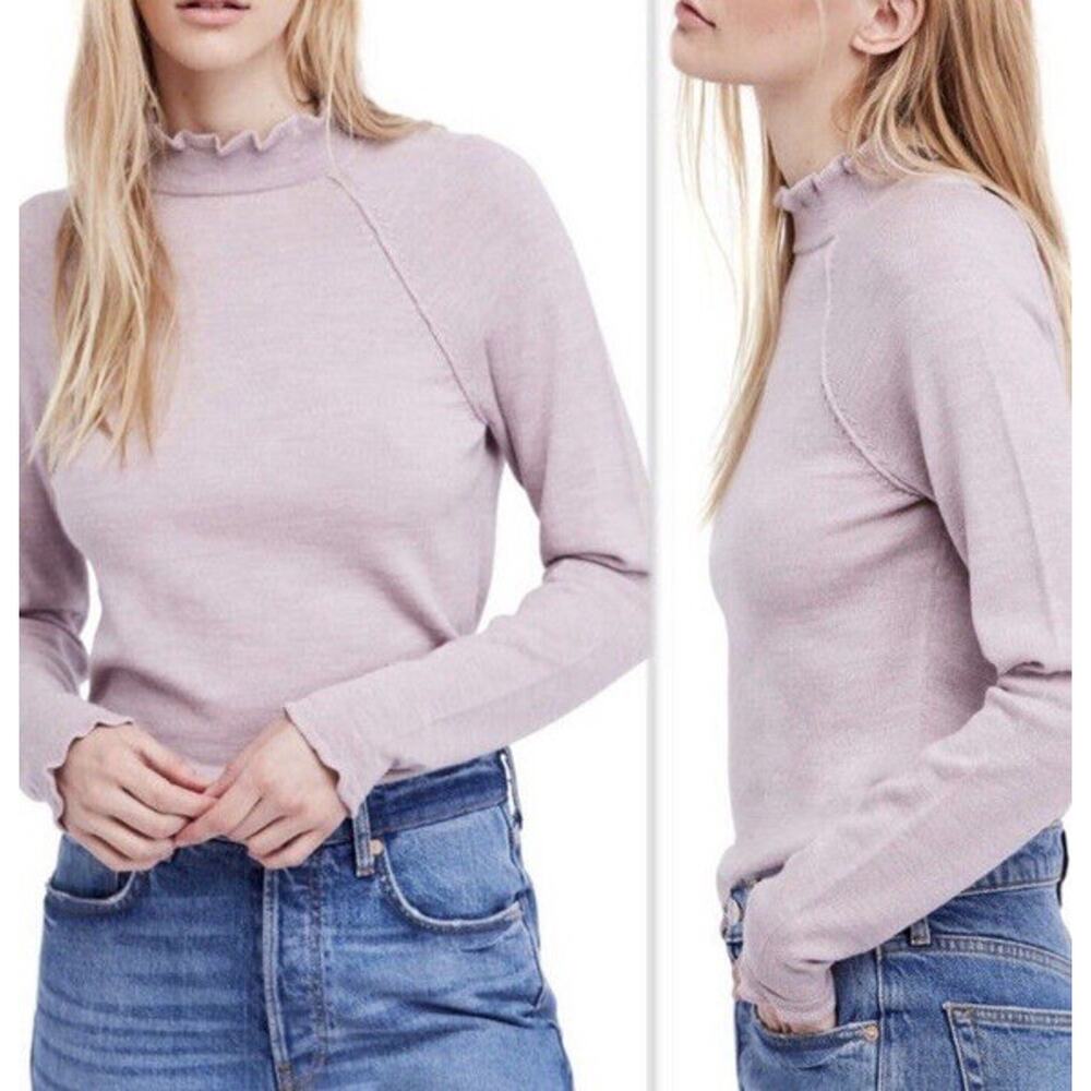 Free People Needle And Thread Merino Wool Ruffle Mock Neck Sweater Lilac Pink XS